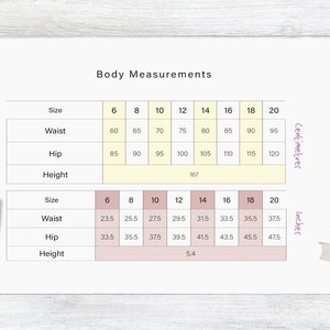 May include: A chart showing body measurements in inches and centimeters for sizes 6 through 20. The chart includes measurements for waist, hip, and height.