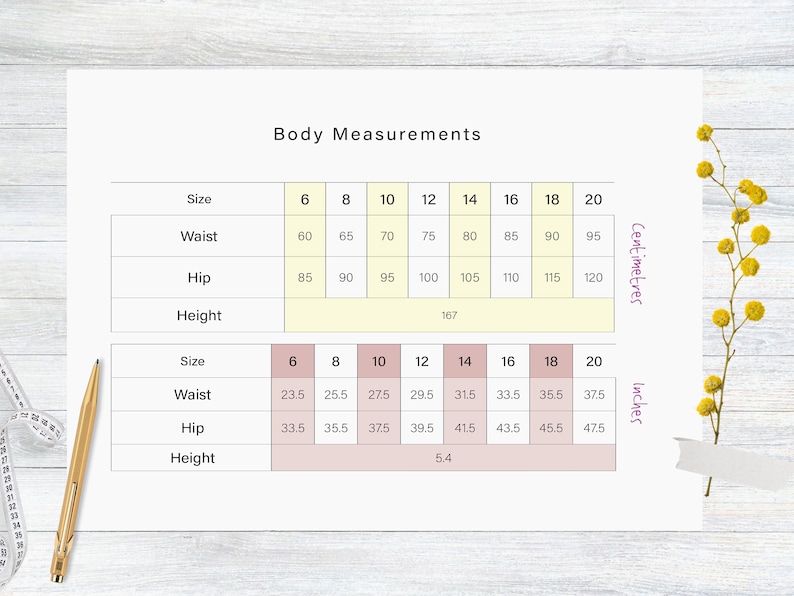 May include: A chart showing body measurements in inches and centimeters for sizes 6 through 20. The chart includes measurements for waist, hip, and height.