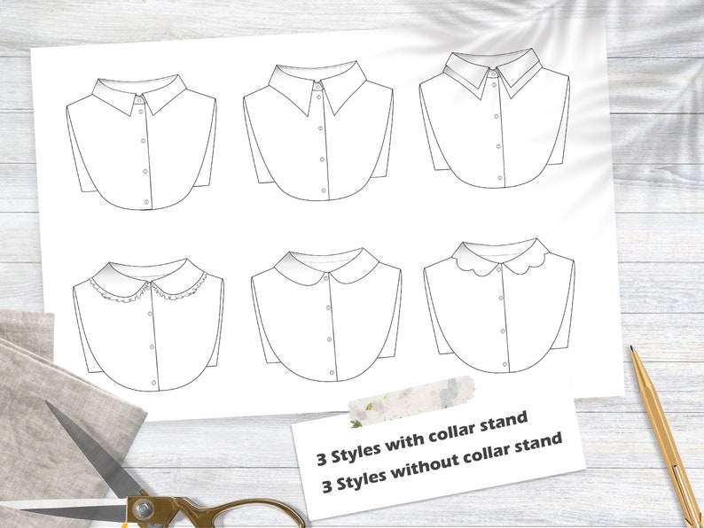 K&ouml;nnte beinhalten: Ein druckbares Blatt mit sechs verschiedenen Kragen-Designs. Drei Stile verf&uuml;gen &uuml;ber einen Kragenstand, w&auml;hrend die anderen drei keinen haben. Der Text auf dem Blatt lautet "3 Styles with collar stand" und "3 Styles without collar stand".