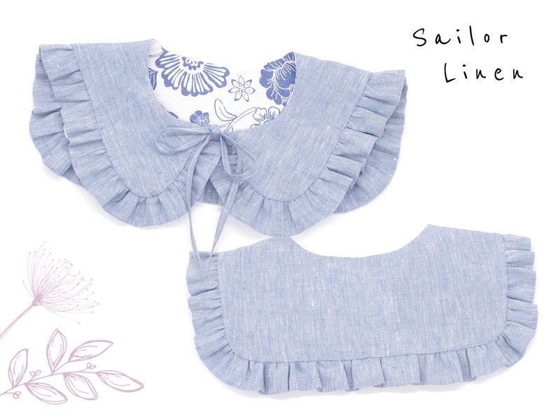 May include: Two light blue linen sailor collars with ruffled edges. The top collar has a white floral lining and a tie closure. The text "Sailor Linen" is written in black ink on a white background.