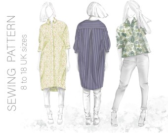 Shirt Dress Pattern | Boxy Shirt Sewing Pattern | Button Up Shirt with Puff Sleeve | 6 sizes and English Tutorial