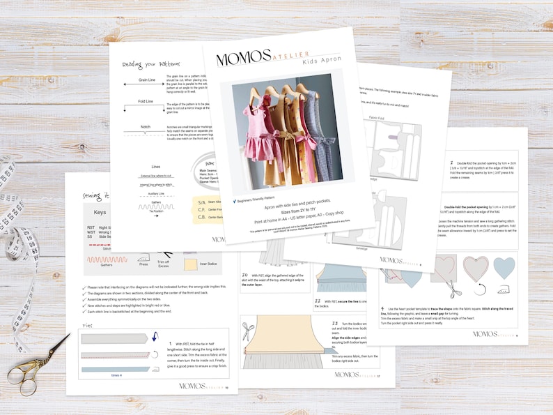 Förklädemönster och topp med sidoband, sömnadsmönster | Förkläde i japansk stil | Pinafore-klänning, enkelt sömnadsmönster för barn för nybörjare bild 6