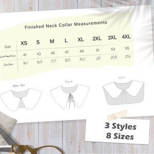 May include: Chart showing finished neck collar measurements in inches and centimeters for eight sizes: XS, S, M, L, XL, 2XL, 3XL, and 4XL. Three collar styles are illustrated: Peter Pan, Pilgrim, and Sailor.