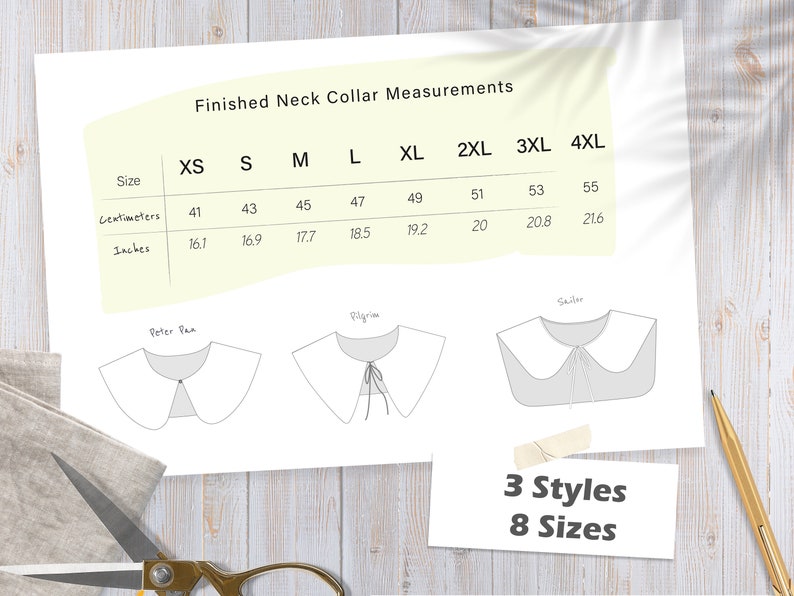 May include: Chart showing finished neck collar measurements in inches and centimeters for eight sizes: XS, S, M, L, XL, 2XL, 3XL, and 4XL. Three collar styles are illustrated: Peter Pan, Pilgrim, and Sailor.