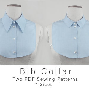 May include: Two light blue bib collars on dress forms. The collars are made of a light blue fabric and have a rounded bottom edge. The text "Bib Collar" is written in black below the image. The text "Two PDF Sewing Patterns" is written in black below the text "Bib Collar". The text "7 Sizes" is written in black below the text "Two PDF Sewing Patterns".