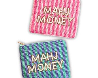 Mahjong Money Beaded Pouch, Pink Seed Bead Coin Purse, Mahjong Gift Accessory