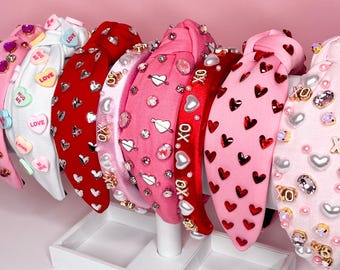 Conversation Hearts Jeweled Headband, Valentine Hair Accessory, Sweetheart Gift, Top Knot and Slim Hairbands