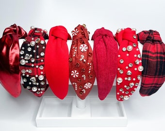 Red Jeweled Top Knot Headband, Christmas Holiday Headband