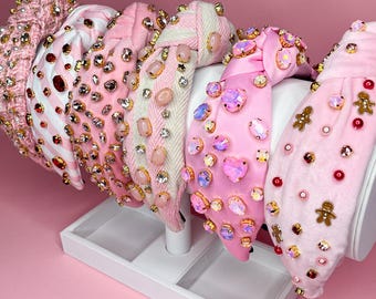 Pink Christmas Headbands, Jeweled Holiday Hair Accessories, Candy Cane & Gingerbread Hairbands, Pinkmas Gift for Her