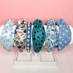 Blue Spring Jeweled Headbands, Denim and Floral Headbands, Pearl Heart Hair Accessories, Raffia and Gem Headbands for Women