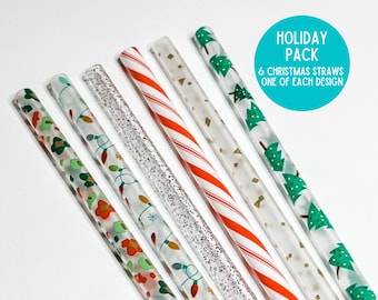 9&quot; HOLIDAY STRAW PACK - Christmas Plastic Straws -  Reusable Holiday Straws - Christmas Leopard -  Christmas Tree Straws - Candy Cane Straws