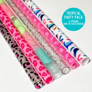 9" TROPICAL PARTY PACK, Tropical Straws, Reusable Straws, Plastic Straws, Cheetah Straws, Luau Straws, Glitter Straws, Leopard Straws