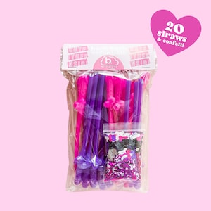 May include: A clear plastic bag filled with 20 purple and pink bendy straws with a small bag of confetti inside. The bag has a label that says "Cute Stuff Inside" and a logo that says "b. brillianland". The bag is labeled with a heart-shaped sticker that says "20 straws & confetti".