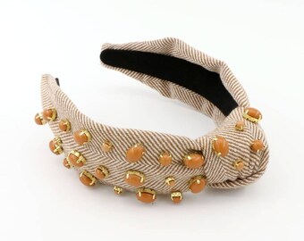 Lele Sadoughi Pearl Knot Headband in Tan LELE SADOUGHI DESERT TAN PEARL KNOT HEADBAND Brand new | eBay main image 4