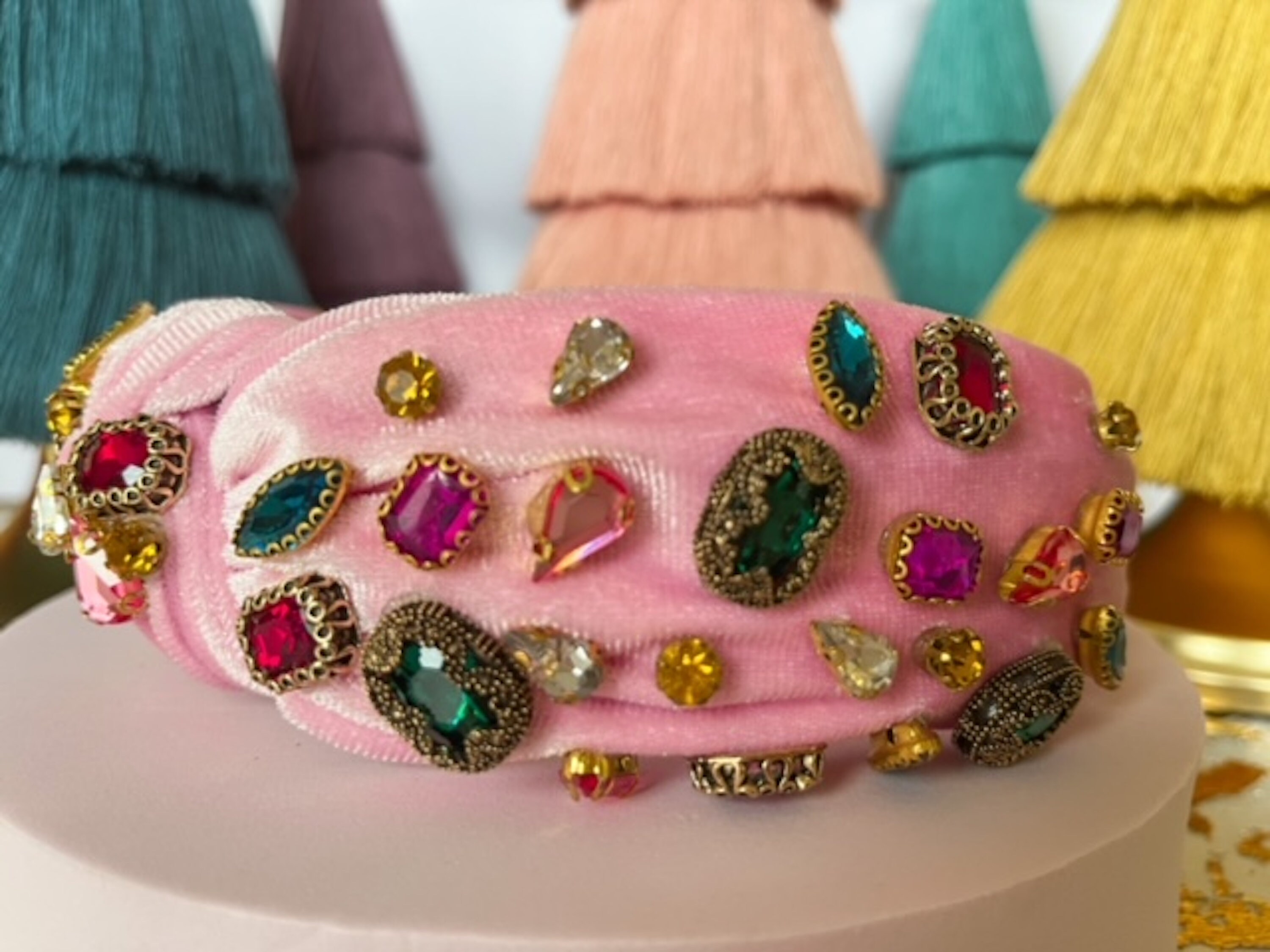 Top Knot Velvet Headband, Jeweled Gem Embellished Hairband  display picture 2
