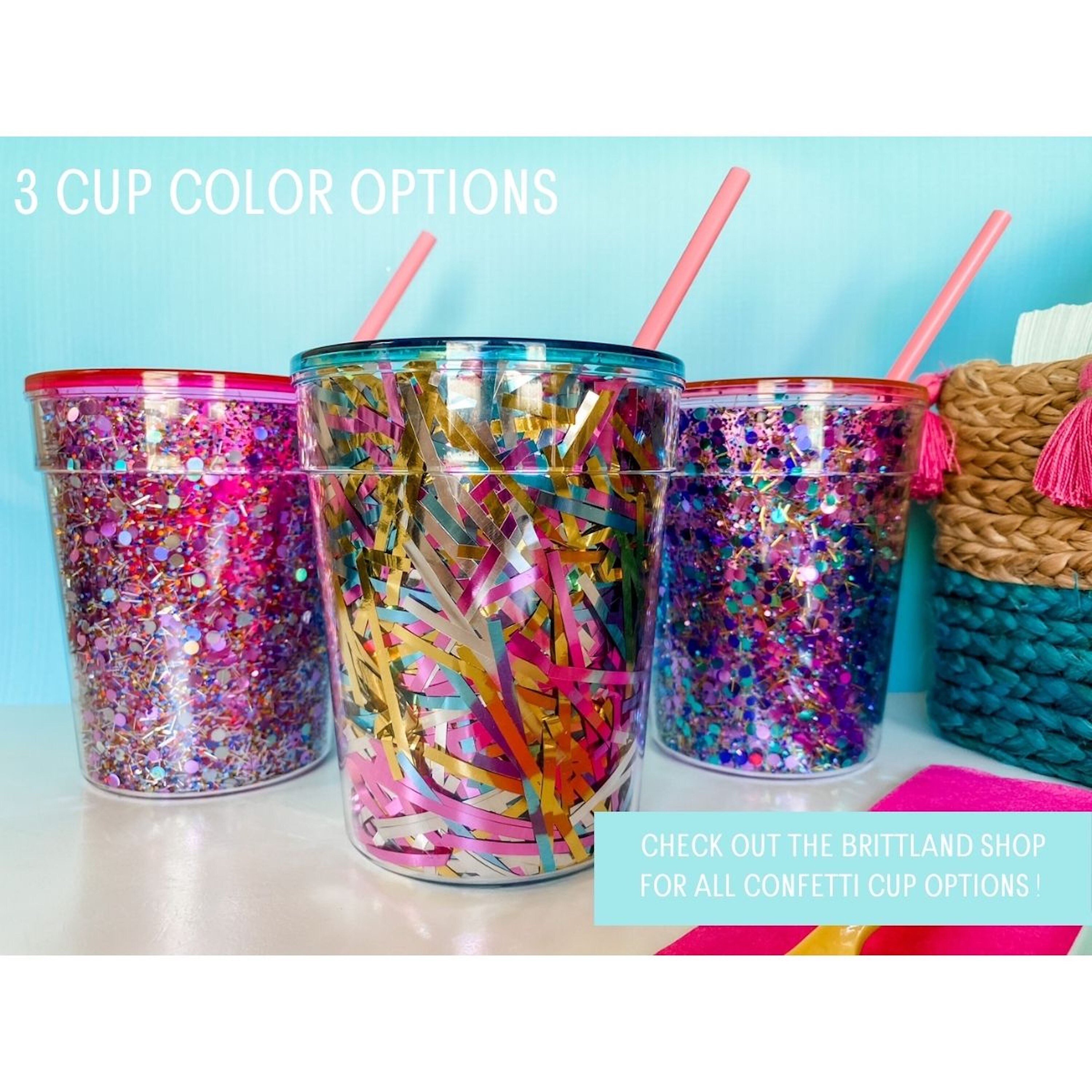 Personalized Confetti Cups With Pink Disposable Heart Straw Etsy