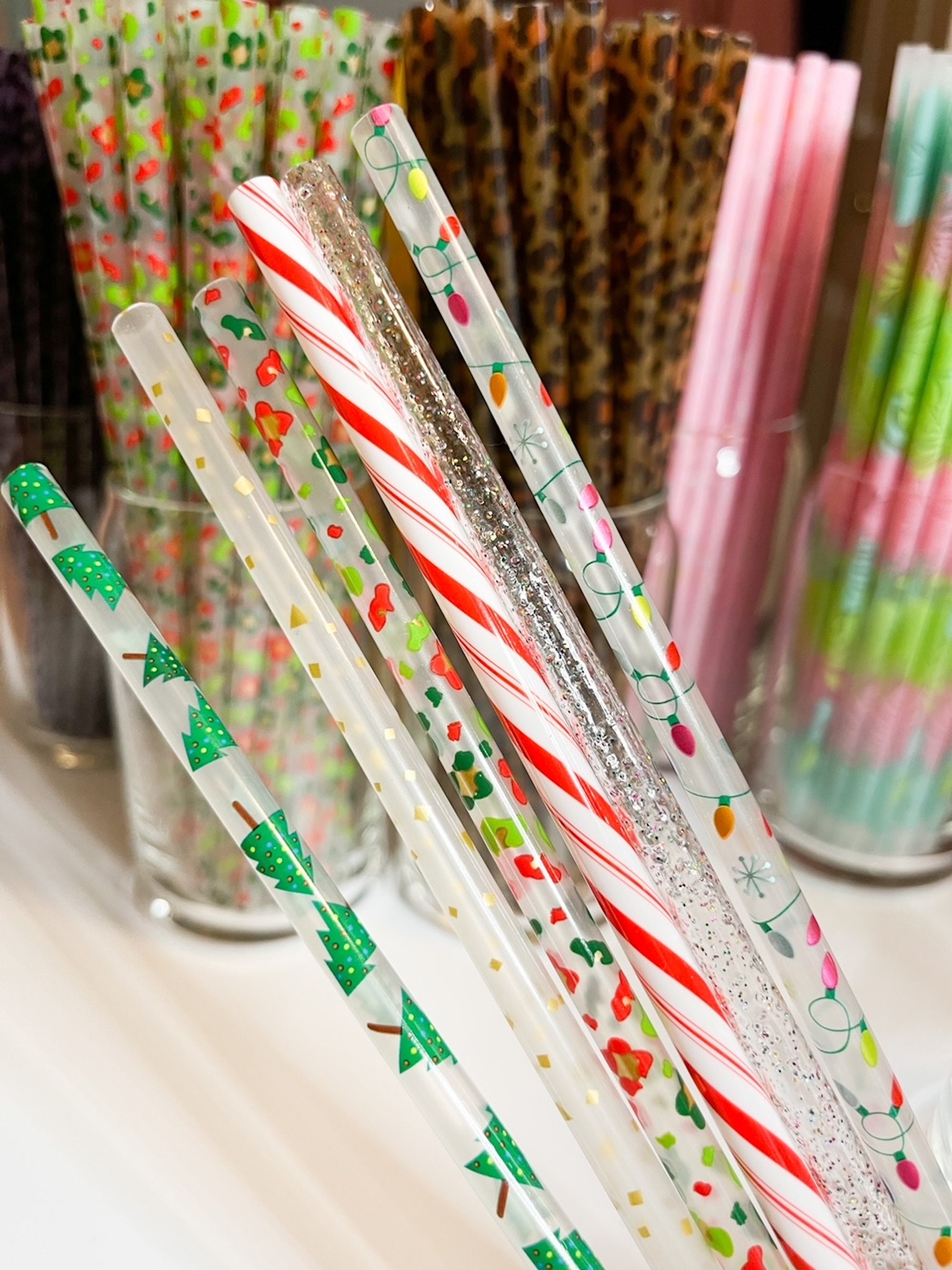 CLEARANCE - 17 - Christmas Print Reusable Plastic Straws - 9 Long