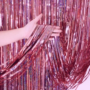 Holographic Pink Fringe Foil Curtains - Bachelorette Party Supplies - Party Decorations - Bachelorette Photo Background - Photo Background