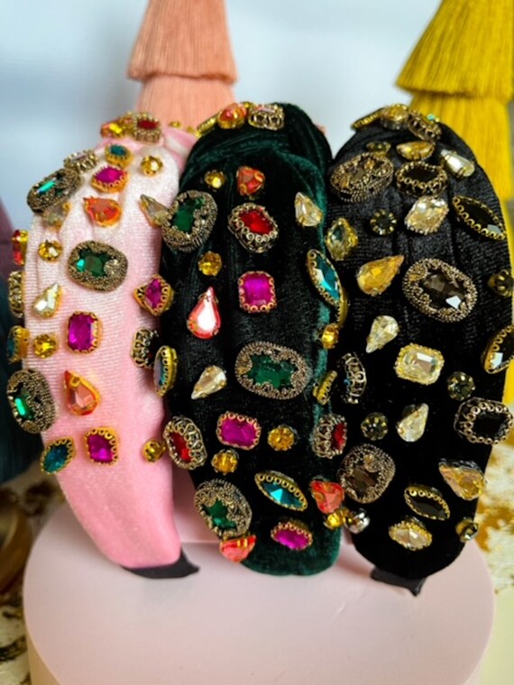 Top Knot Velvet Headband, Jeweled Gem Embellished Hairband  display picture 3