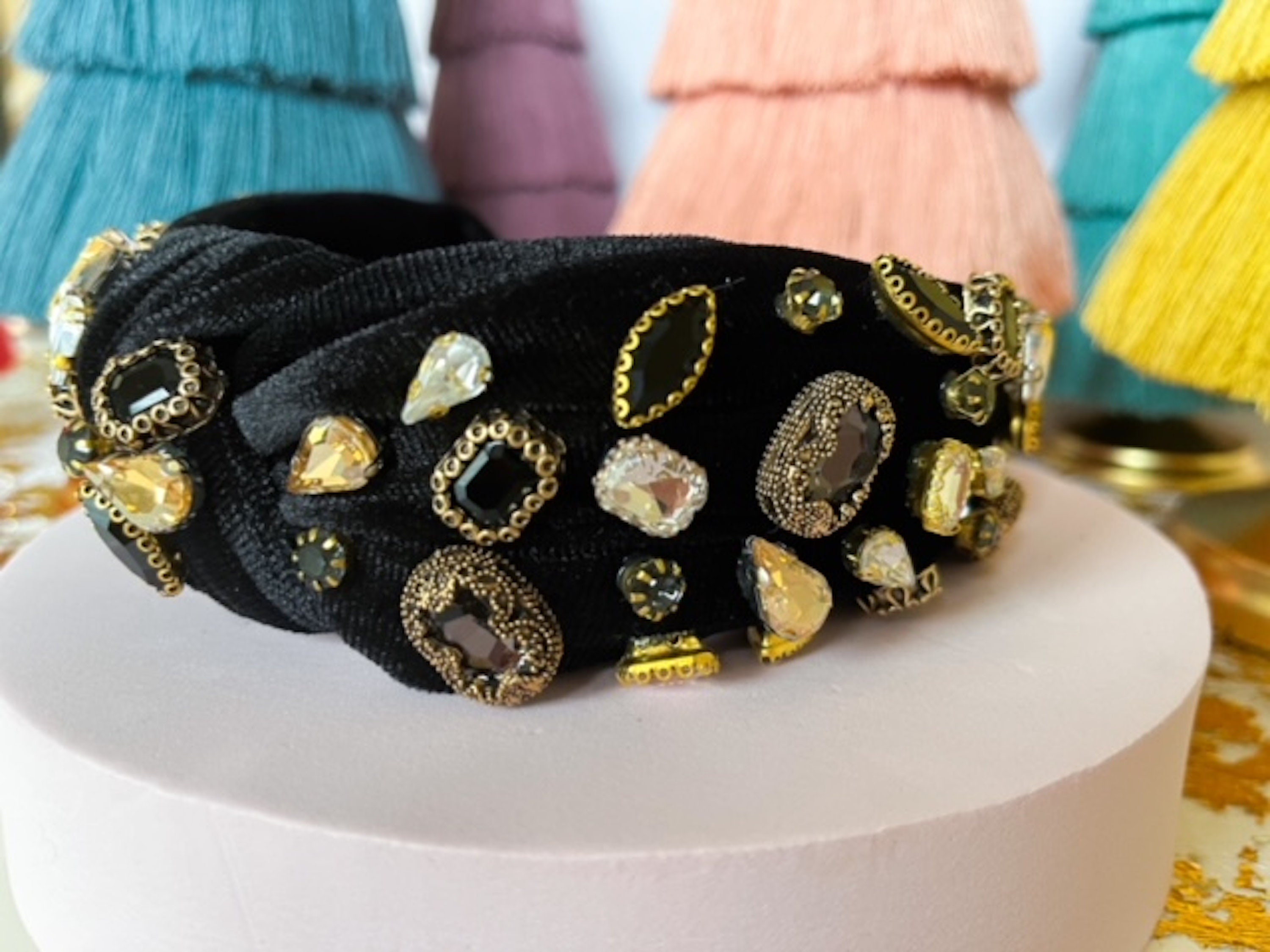 Top Knot Velvet Headband, Jeweled Gem Embellished Hairband 