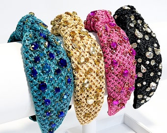 Gem and Pearl Raffia Headband, Knotted Hair Accessory
