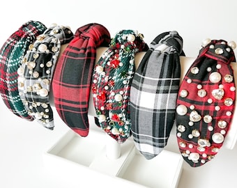 Flannel Headband, Buffalo Plaid Headband, Holiday Headband, Christmas Headband, Jeweled Headband, Embellished Headband, Tweed Headband