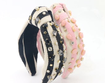 Striped Pink and Cream Jewel-Embellished Headband Pink Striped Knotted Headband: Rhinestone Glam Hair  main image 2