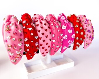 Valentine&#39;s Day Headband, XO Headband, Conversation Heart Headband, Knotted Valentines Headband, Pink Headband, Red Headband, Embellished