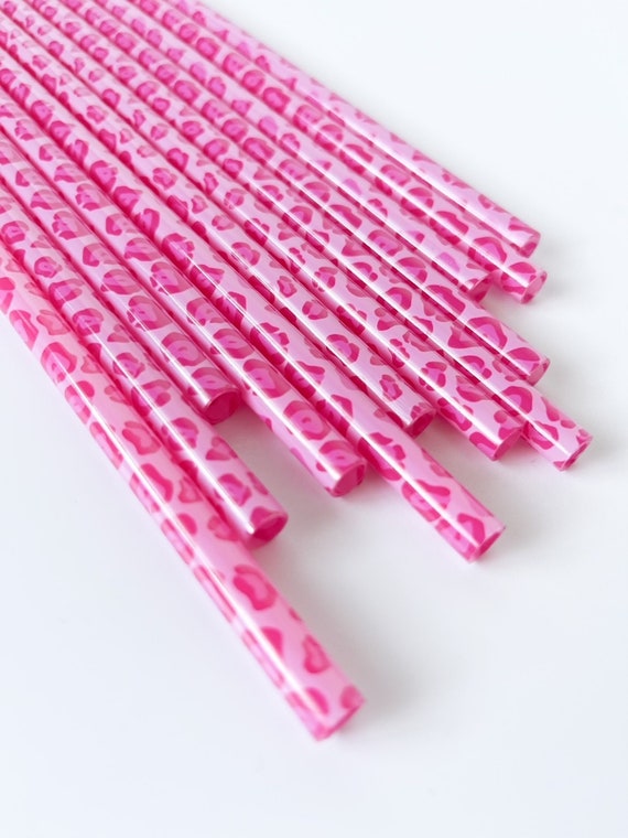 Extra Long Pink Leopard Straws, Pink Straw, Cheetah Straws, Bulk