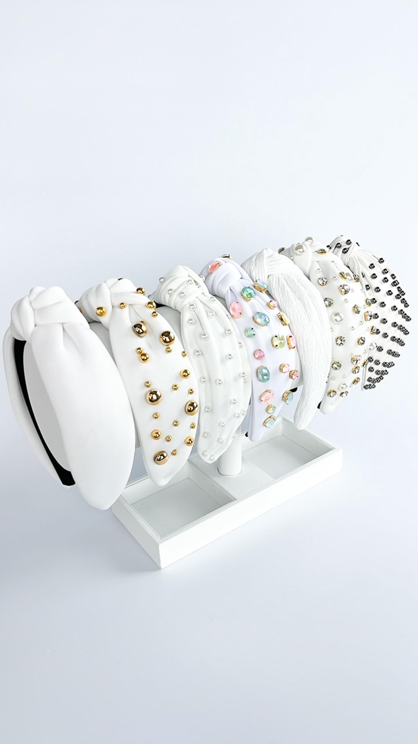 Embellished White Headband, Pearls and Gems, Neoprene Fabric 