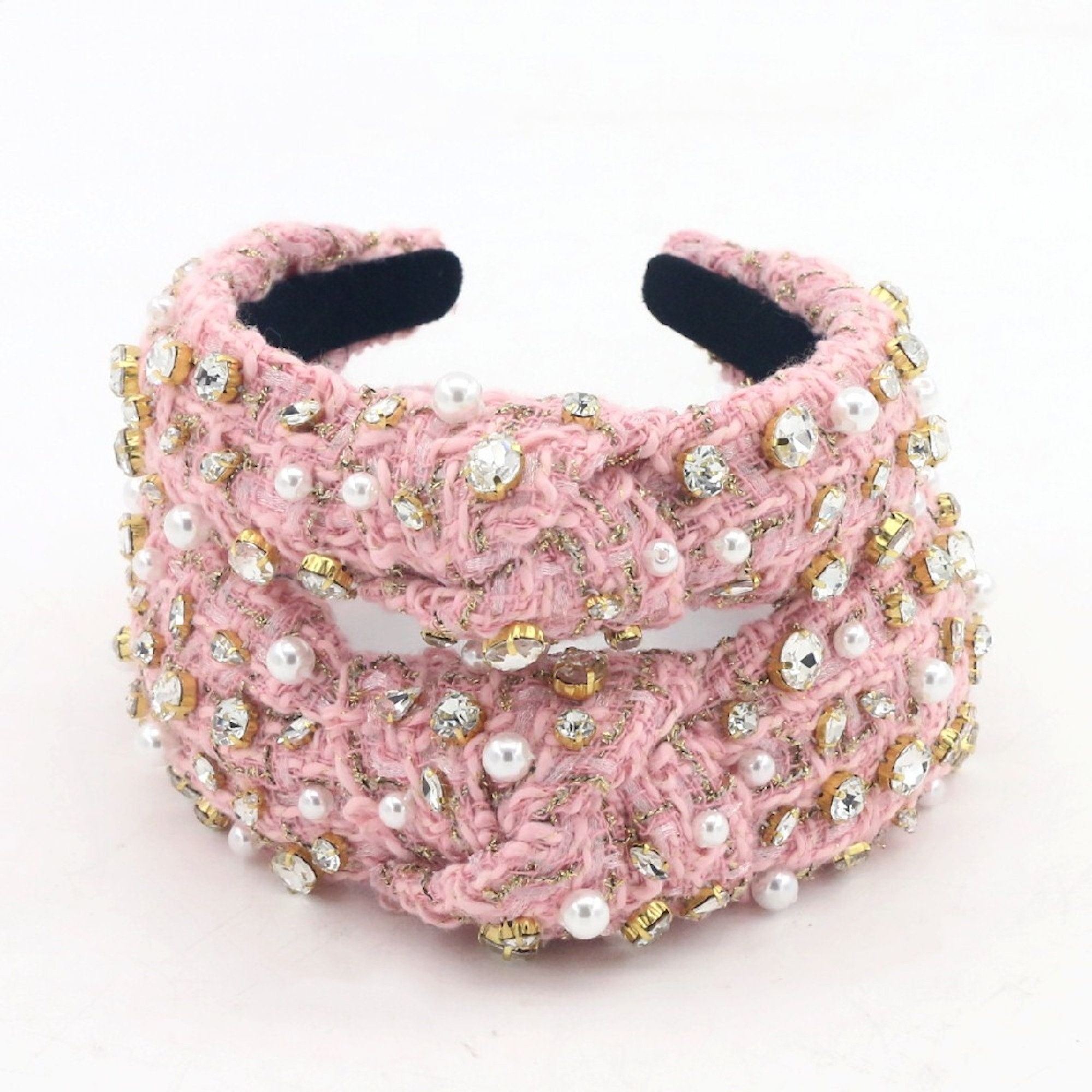 Tweed Jeweled Pearl Crystal Rhinestone Beaded Top Knot Headband in Pink Embellished Knot Headband - Tweed Rhinestone Pearl (Christmas) main image 3
