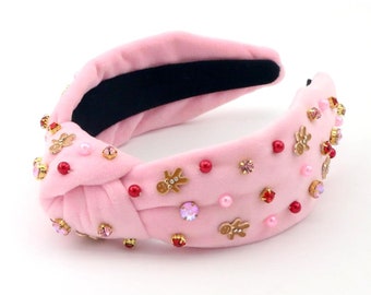 Pink Velvet Gingerbread Headband, Jeweled Christmas Accessory