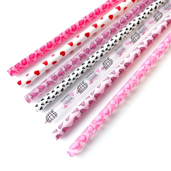 9" VALENTINE'S DAY Straw Pack, Valentine's Plastic Straws, Reusable Straws, Leopard Straws, Heart Straws, Pink Hearts Red Hearts Black Heart