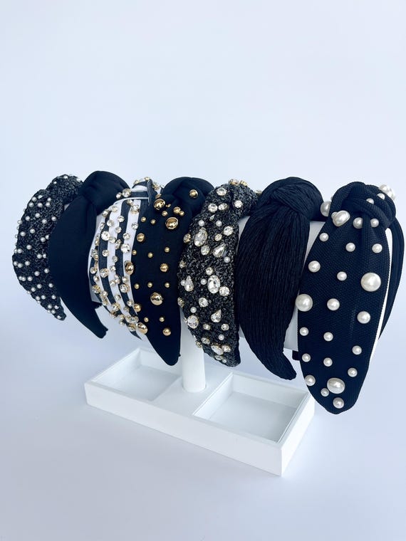Black Embellished Headband, Pearl, Raffia, Spring Summer  display picture 2