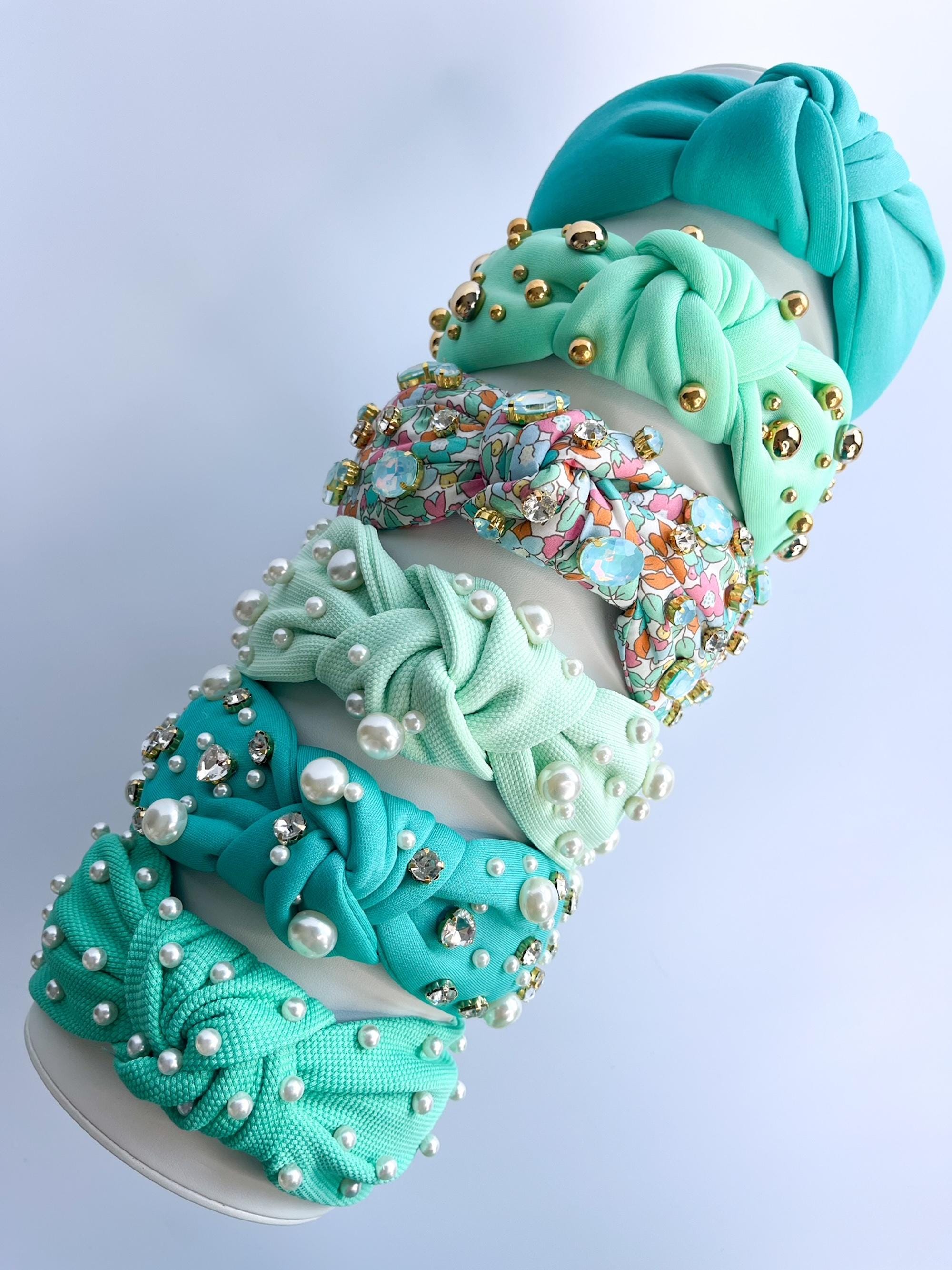 Turquoise Top Knot Headband, Pearl & Gem Embellished, Hand 