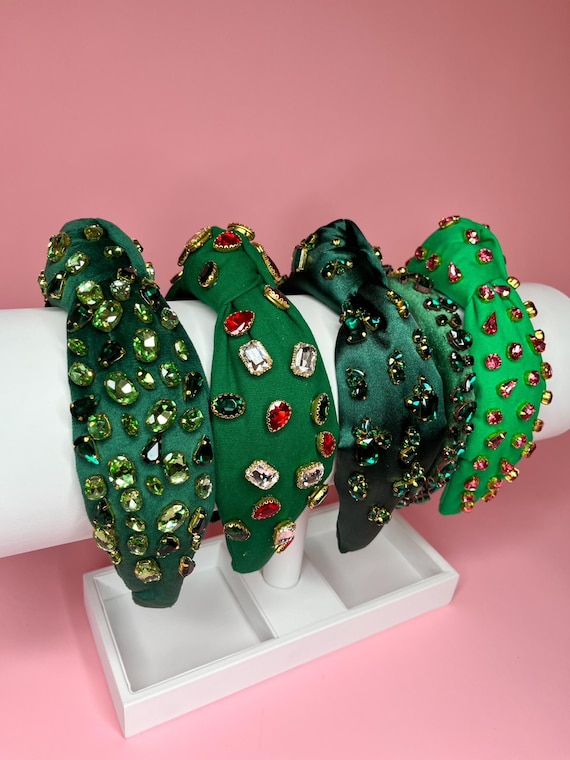 Green Jeweled Holiday Headband, Hand-sewn Crystal, Emerald  display picture 3