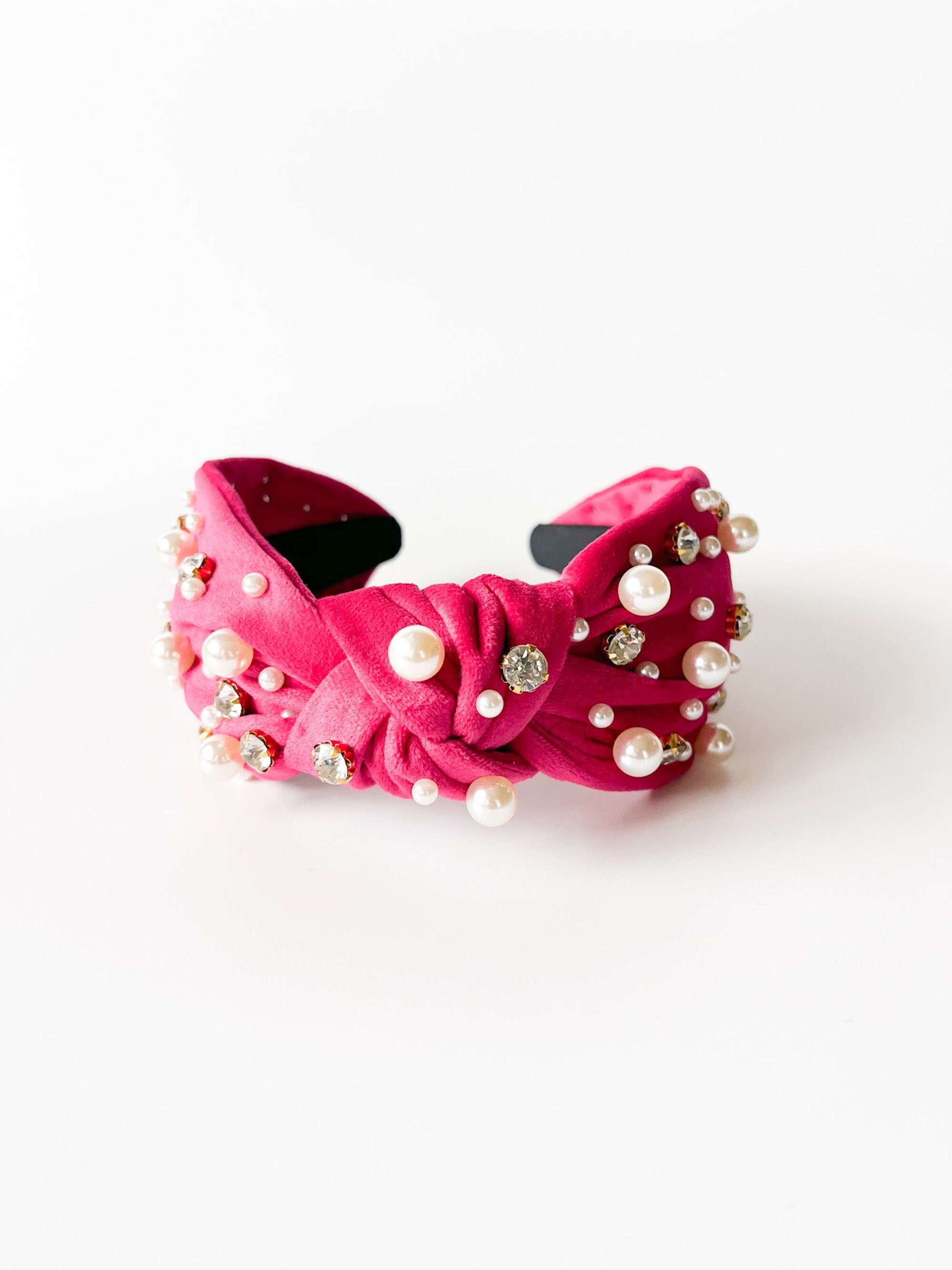 Pink Velvet Top Knot Headband, Pearl Rhinestone Jeweled  display picture 2