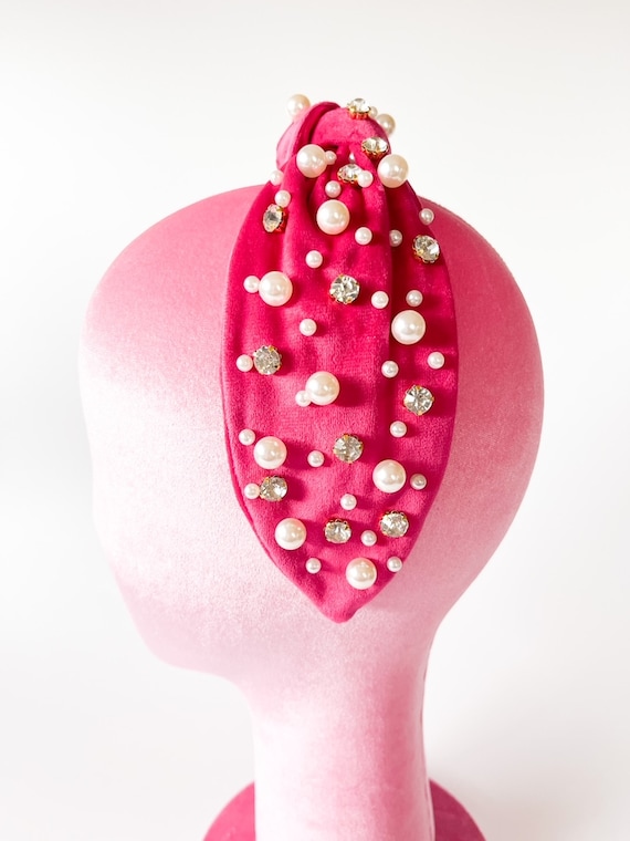 Pink Velvet Top Knot Headband, Pearl Rhinestone Jeweled  display picture 1