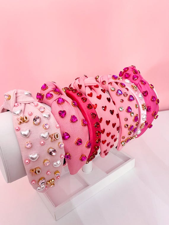Pink XO & Crystal Heart Jeweled Headbands — Valentine Glam  display picture 3