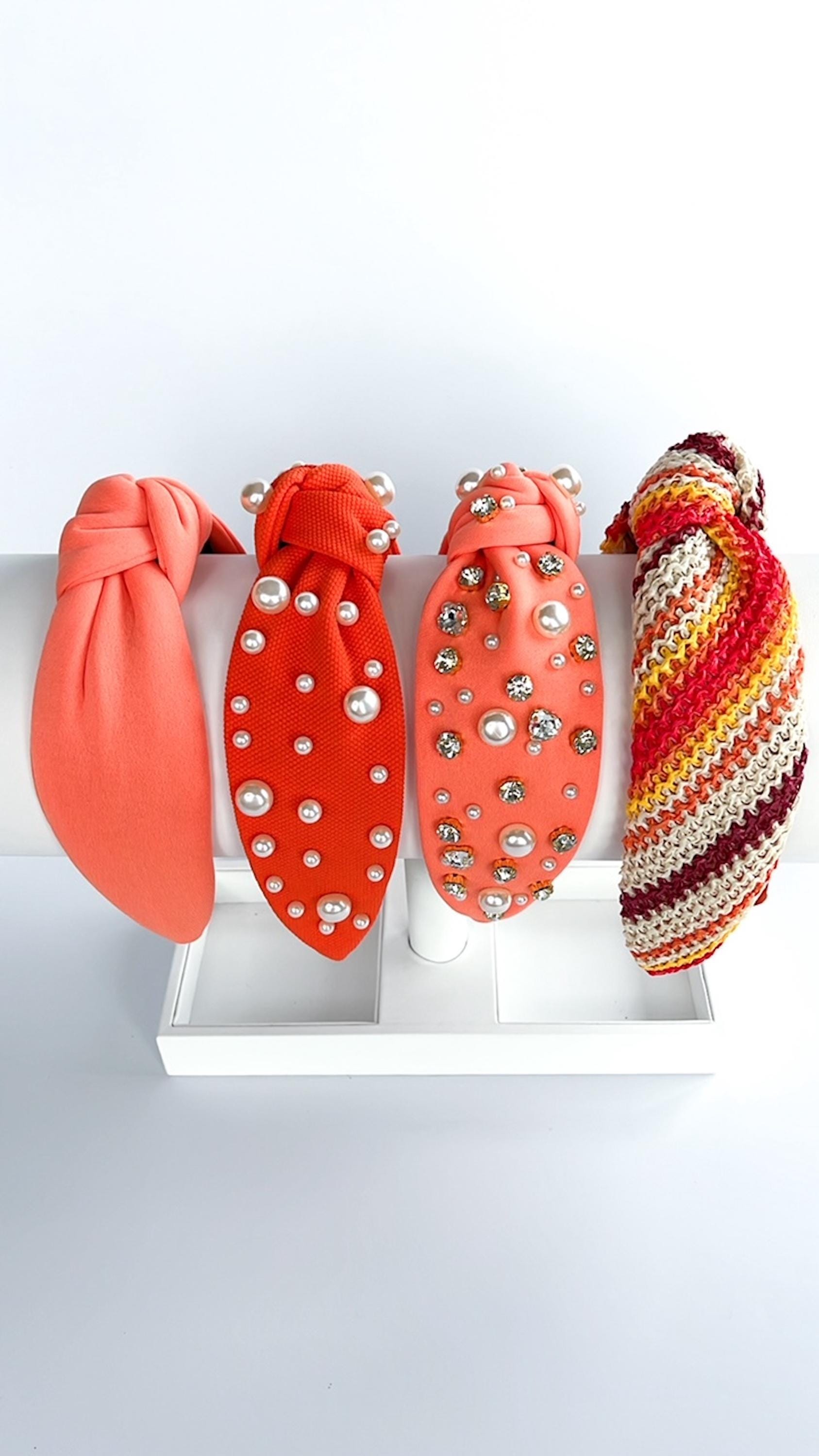 Orange Top Knot Headband, Coral Jeweled Headbands, Raffia  display picture 1