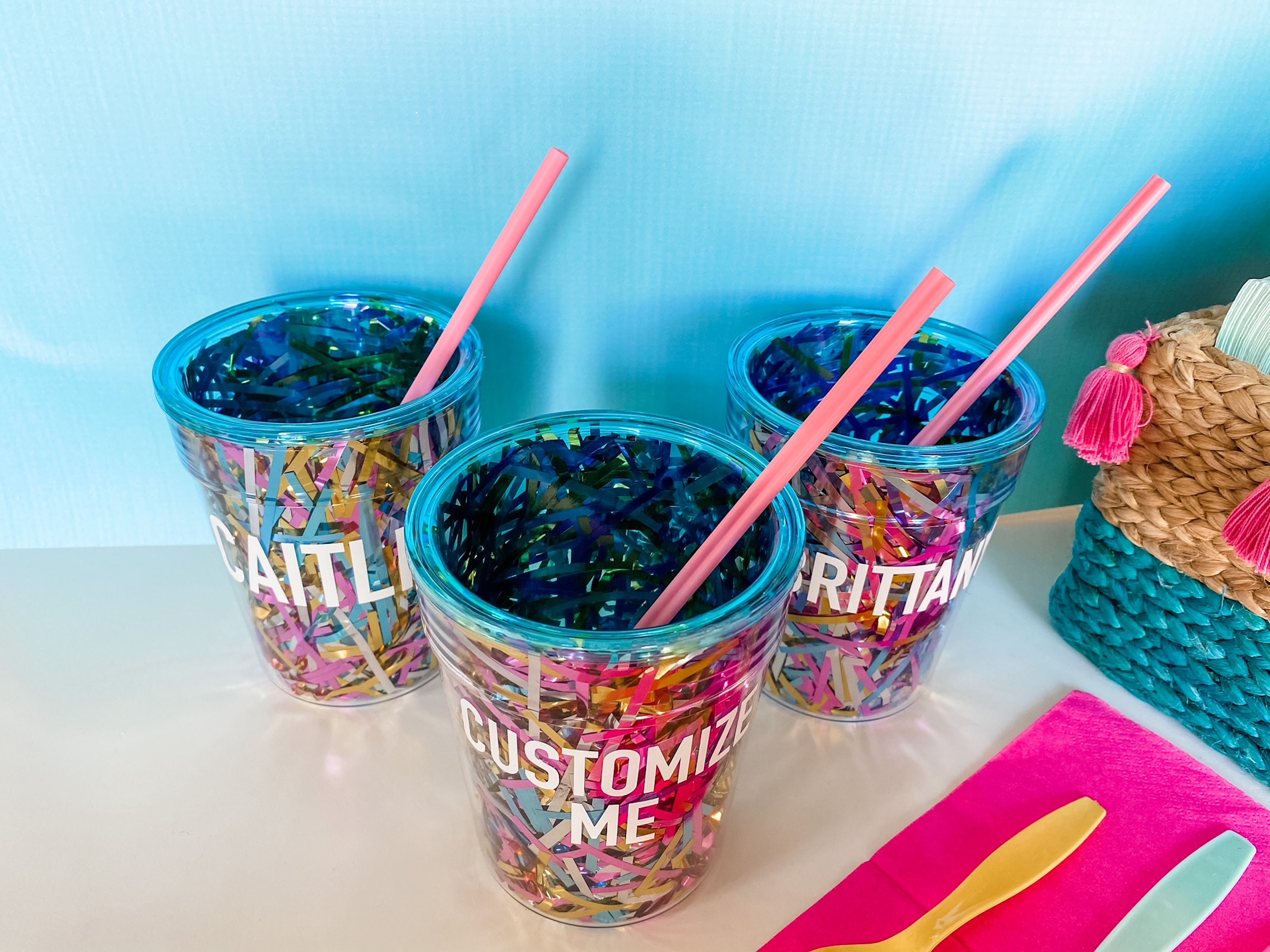 Personalized Confetti Cups With Pink Disposable Heart Straw Etsy