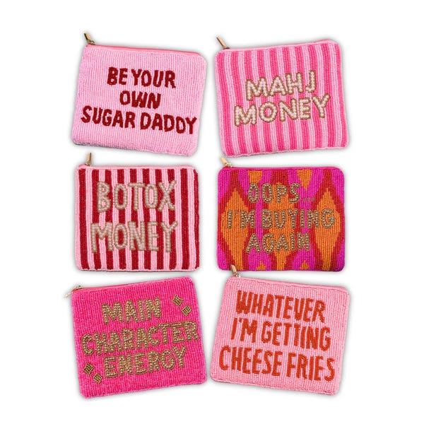 Pochettes à pièces perlées à l'effigie des personnages principaux, argent Botox, argent Mahj, cadeau pour les passionnés de shopping, sacs perlés amusants, cadeaux pour elle