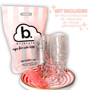Op de afbeelding: Een set van 25 doorzichtige 473ml U-bodem bekers met deksels en roze rietjes, verpakt in een roze en wit gestreepte cadeauzak. De tekst op de zak luidt 'brittylab cups for cute little things'. De set bevat 25 bekers, 25 deksels en 25 rietjes.