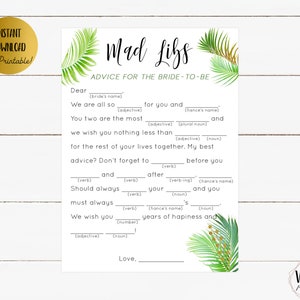 Bridal Mad Libs - Advice for the Bride-to-be, Bridal Shower Printable, Bridal Shower Instant Download, Tropical Bridal Shower, Bachelorette