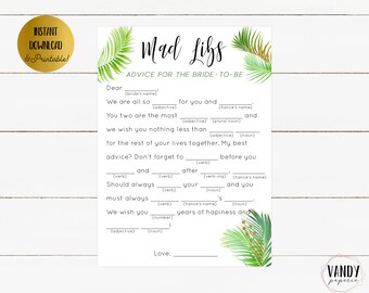 Op de afbeelding: Een afdrukbaar Mad Libs-spel met de titel "Advies voor de bruid-to-be" met invulvragen. Het ontwerp bevat groene palmbladeren en gouden accenten. De woorden "Direct downloaden en afdrukken!" staan in een gouden cirkel.