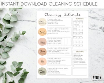 May include: A printable cleaning schedule checklist with a peach, pink, and green color scheme. The checklist is divided into daily, weekly, and monthly tasks. The days of the week are labeled with circles in different colors. The text "Instant Download Cleaning Schedule" is at the top of the page.