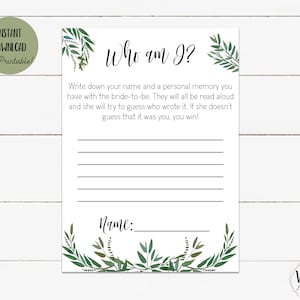 Who am I Bridal Shower Game - Guess the Guest Shower Game, Greenery Bridal Shower Printable, Bridal Shower Instant Download, Bridal Games