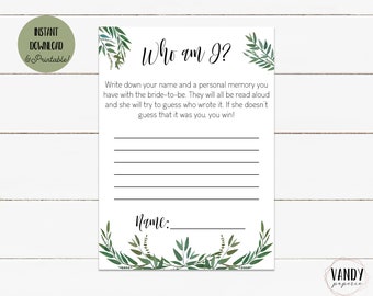 Who am I Bridal Shower Game - Guess the Guest Shower Game, Greenery Bridal Shower Printable, Bridal Shower Instant Download, Bridal Games