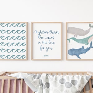 SET OF 3 - Mightier Than the Waves Sign, Nursery Printables, Beach Nursery Sign, Ocean Nursery, Baby Room Decor, Nursery Sign