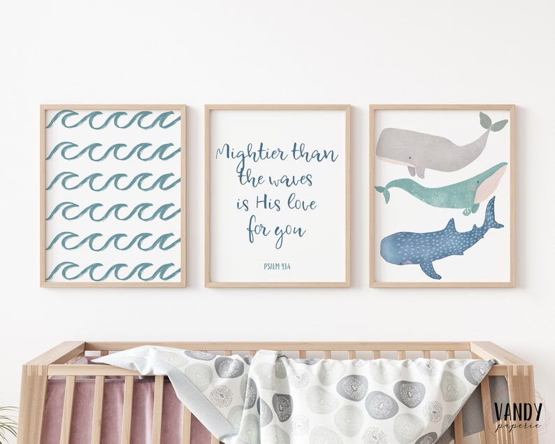 SET OF 3 Mightier Than the Waves Sign, Nursery Printables, Beach Nursery Sign, Ocean Nursery, Baby Room Decor, Nursery Sign image 1